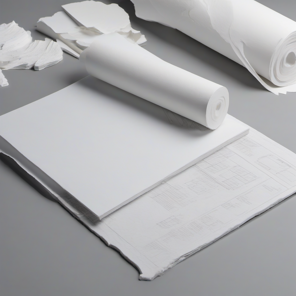 Paper-sculpture ledger pages, a small paper key, and a folded clipboard sheet.
