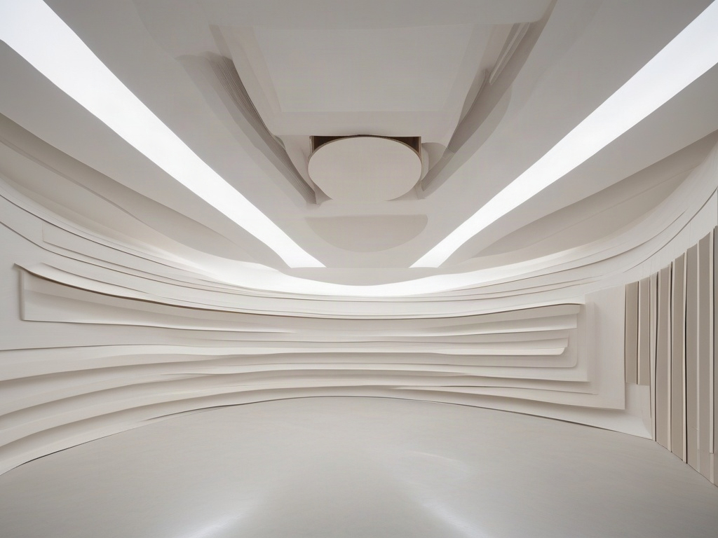 Paper-sculpture interior with a recessed ceiling cove built from stacked concentric bands.
