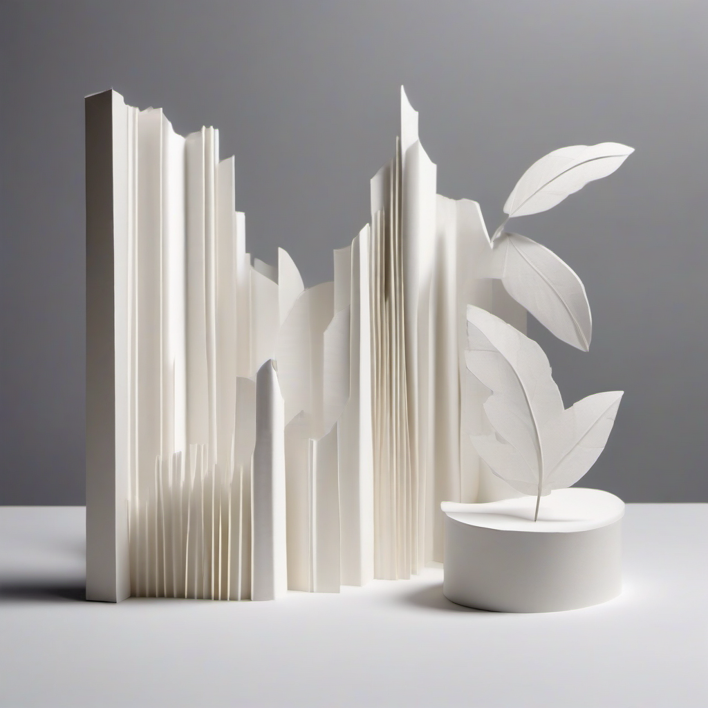 Paper-sculpture folded sustainability report with bar charts and a small paper leaf motif.