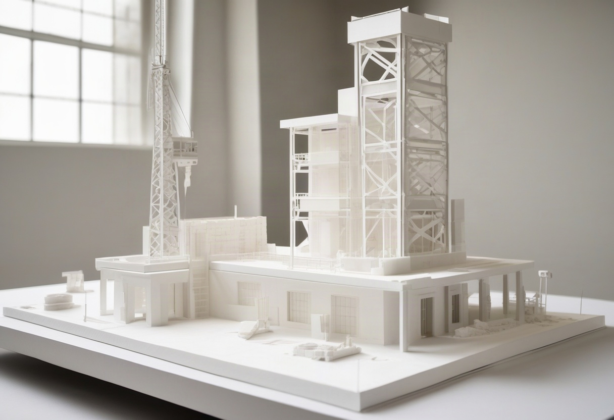 A white architectural model of a construction project with a tower crane beside a partly built frame.