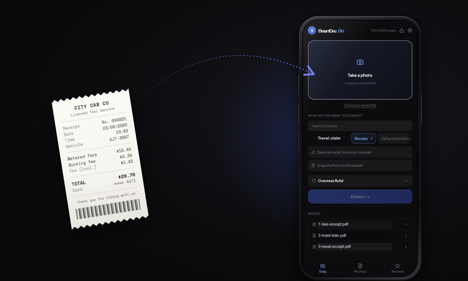 A synthetic taxi receipt beside a phone running SmartDoc Go on its capture screen, the receipt being snapped into the app with the Receipt preset selected and tagged to a project