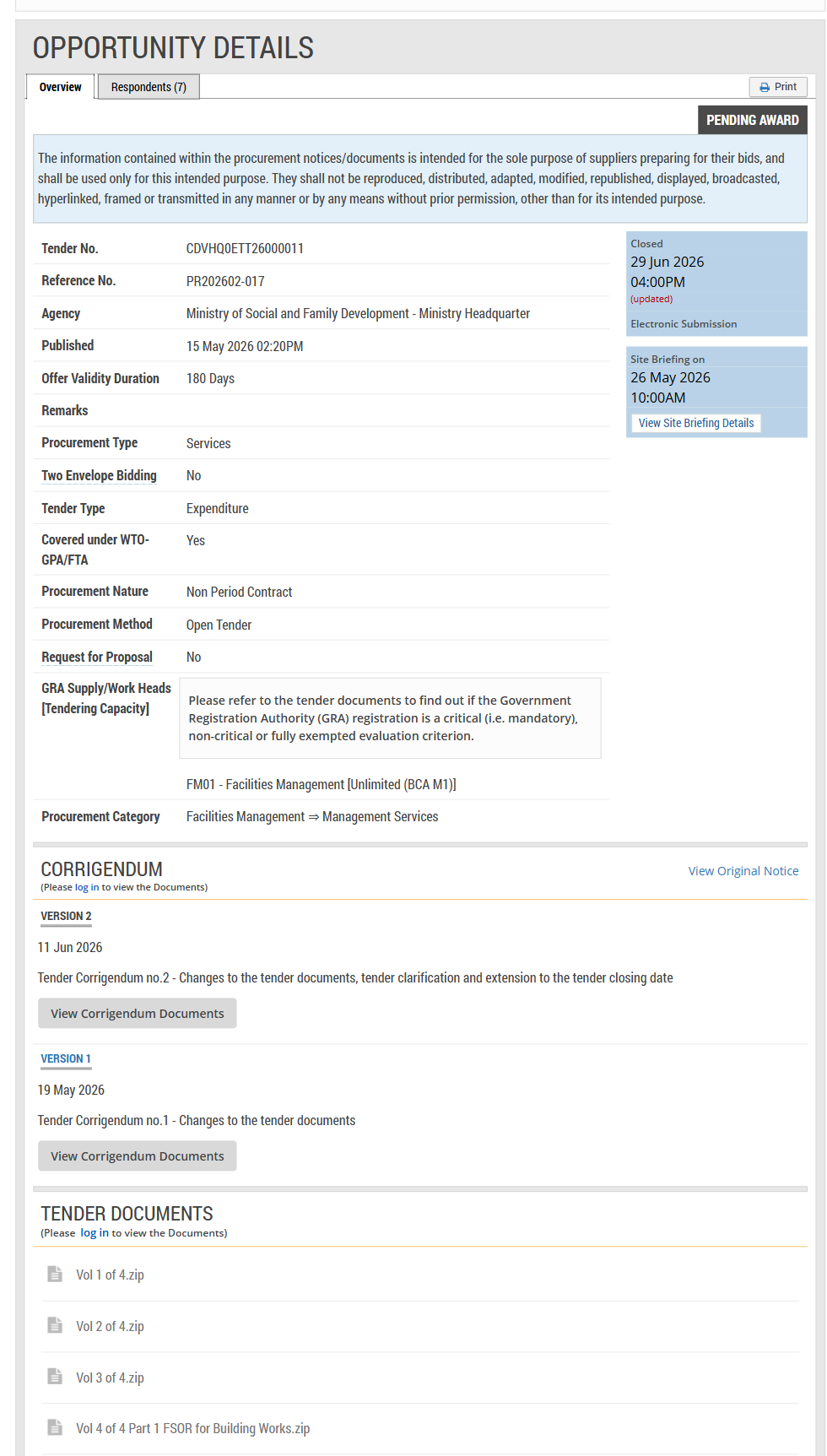 The GeBIZ listing for the tender analysed here