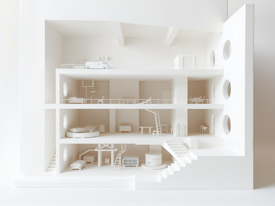 White sculptural paper model of a building cross-section showing layered floors and maintenance pathways.