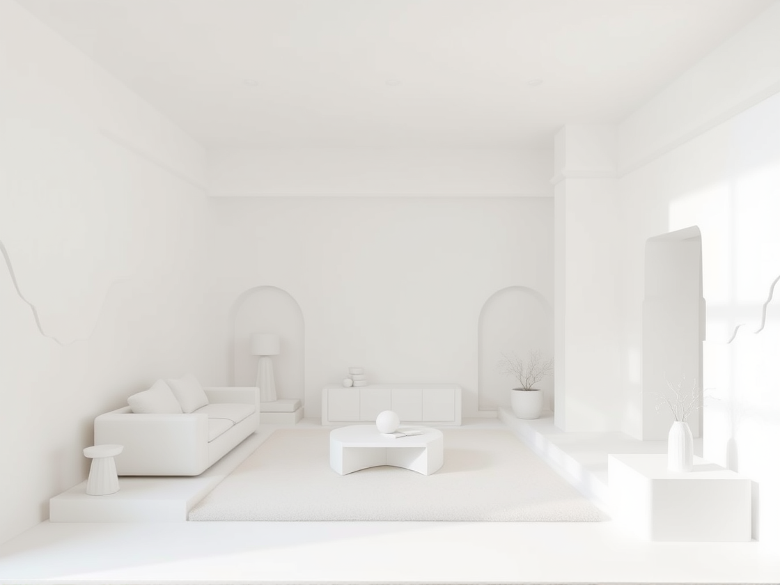 White sculptural paper model of an interior space with furniture silhouettes and layered walls.