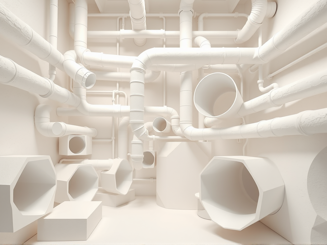 White sculptural paper model of intertwining pipes, ductwork and electrical conduits.