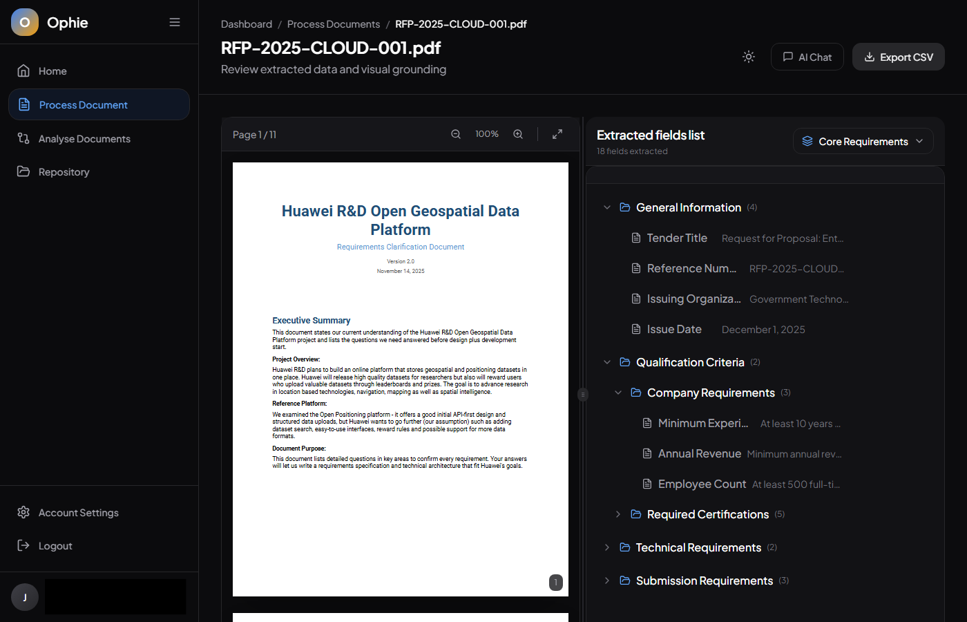 SmartDoc extraction interface showing fields pulled from a document