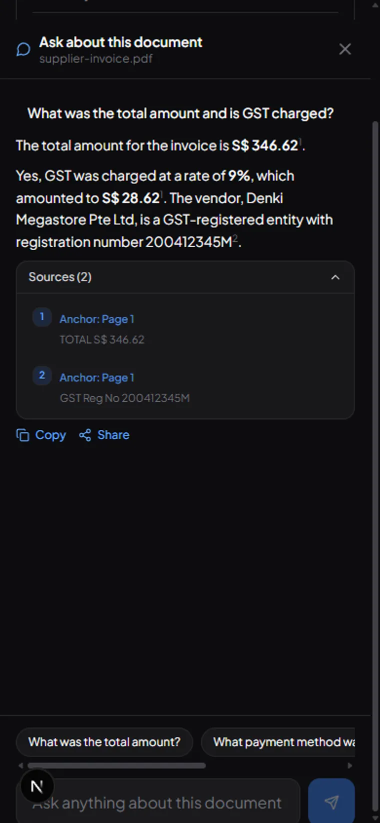 Answer showing its source page