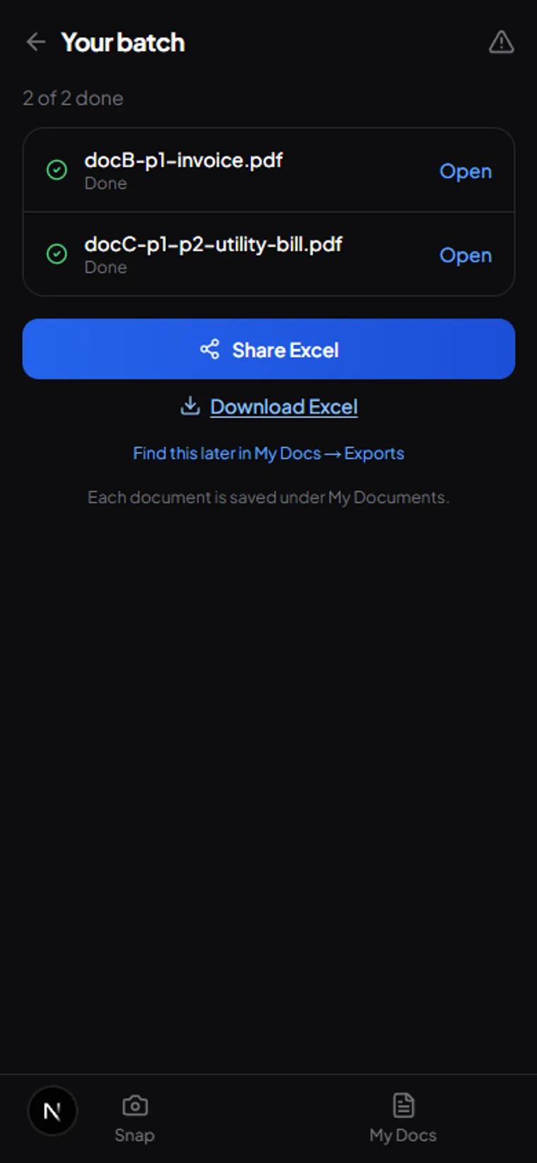 Completed batch offering the Excel export