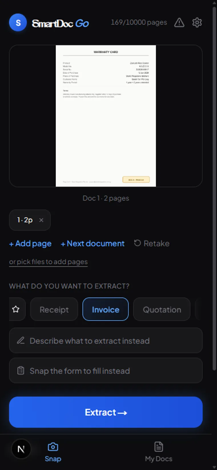 Choosing an extraction preset for the document