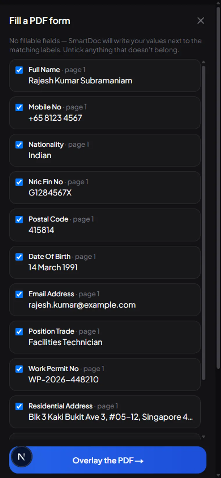Fields extracted from the applicant's documents