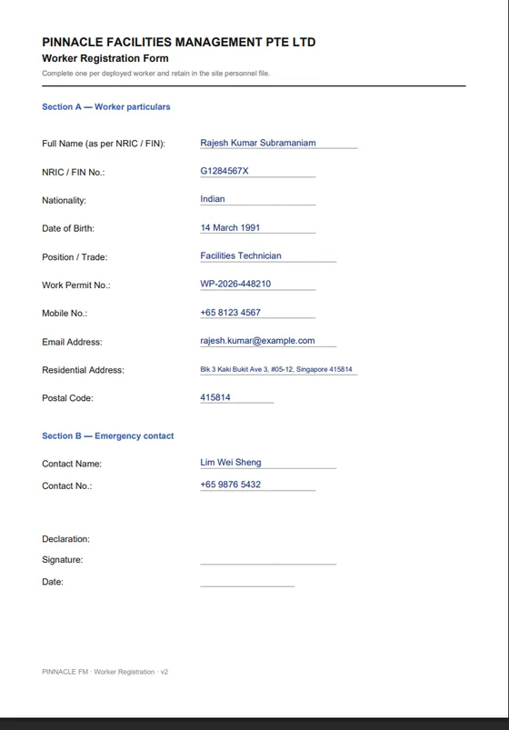 The filled registration form