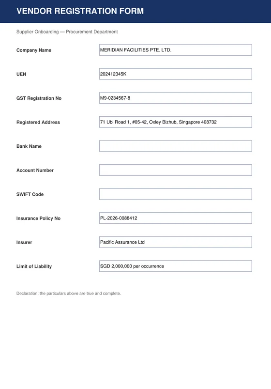 The vendor registration form filled from three records