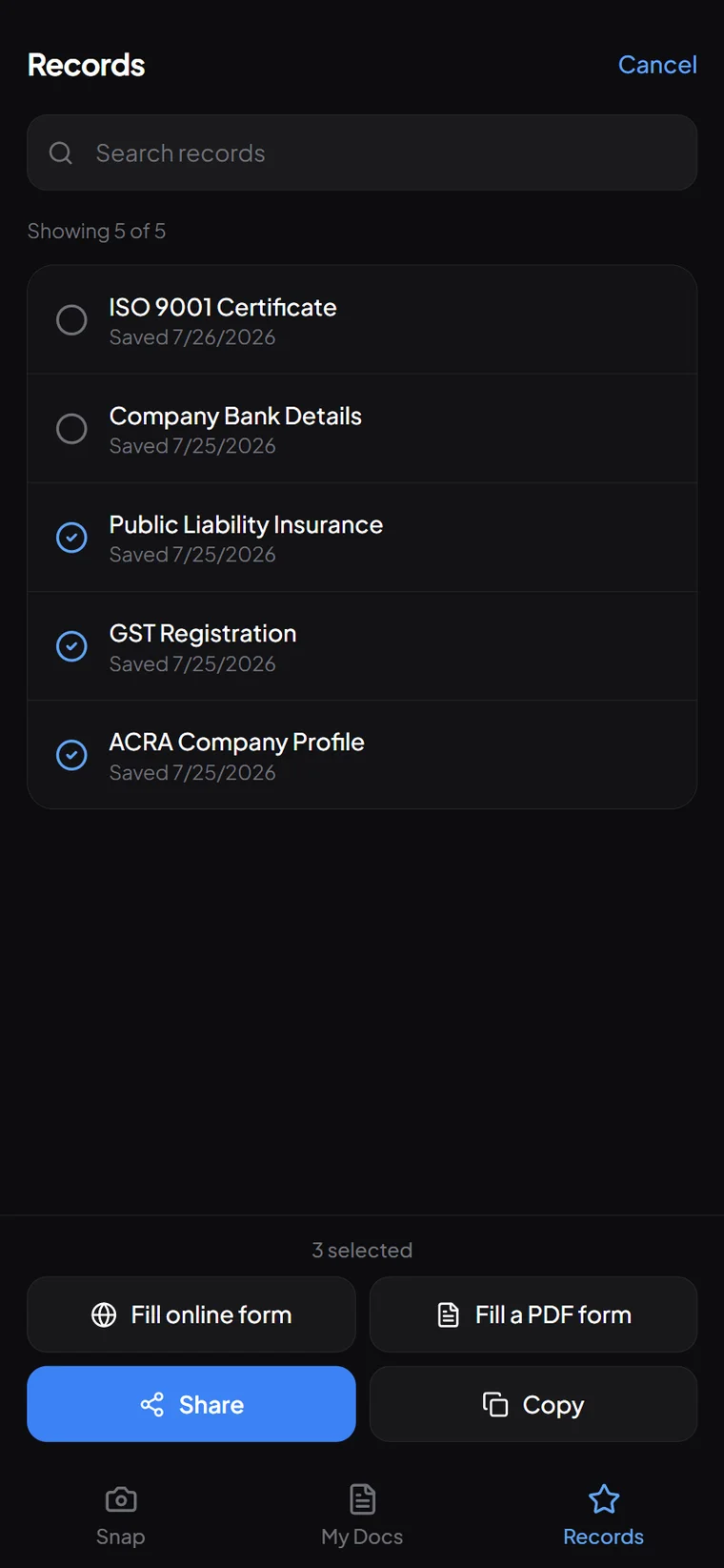 The Records list with three records selected to combine