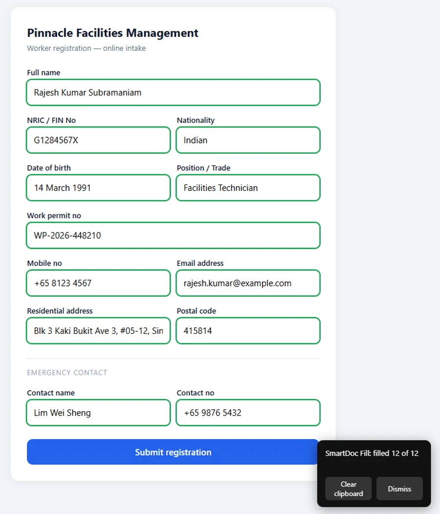 An online registration form filled from the captured details